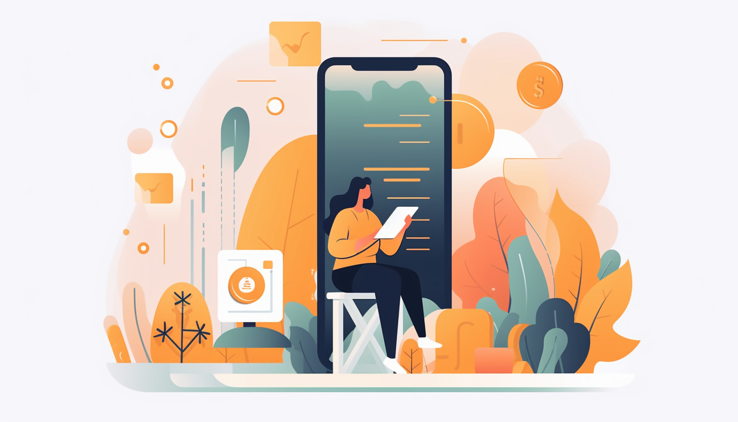 Femme lisant sur tablette devant un smartphone géant, entourée de feuilles et d’icônes numériques.