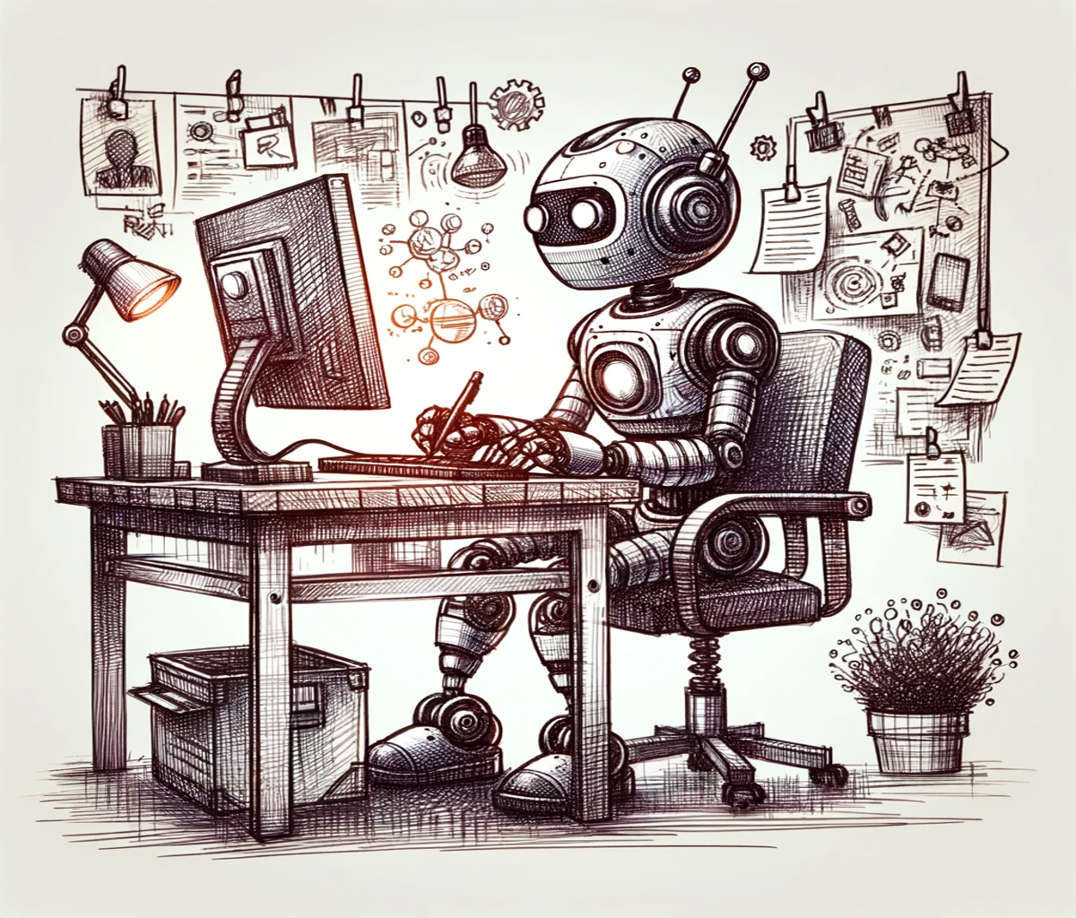- iterates Dessin stylisé d’un robot assis à un bureau, concentré devant un ordinateur, représentant l’intelligence artificielle en action.
