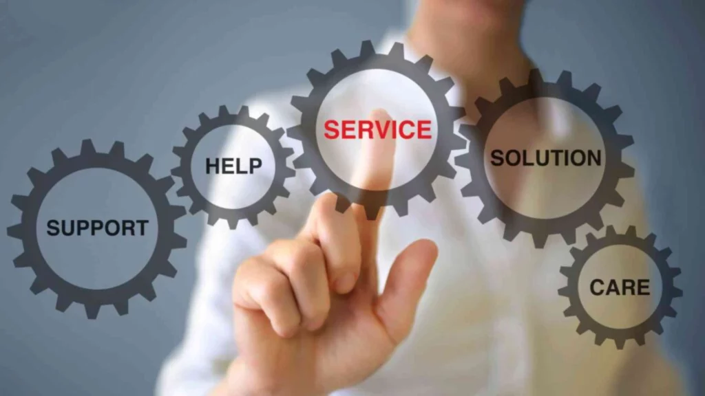 - iterates Hand pressing on a virtual cogwheel with the word "Service" surrounded by customer support terms.