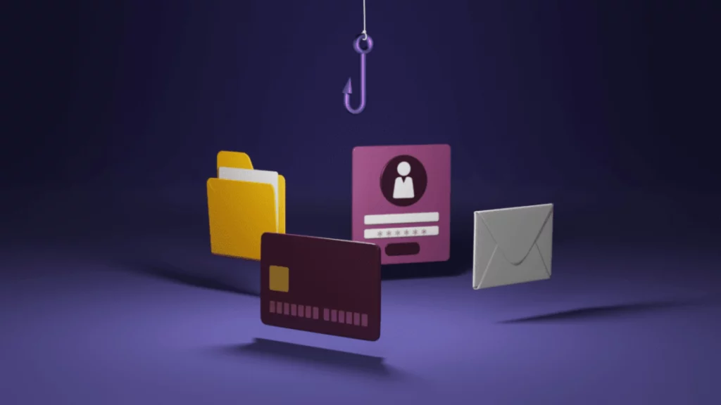 Phishing et vol de données sensibles - iterates Illustration d’hameçonnage représentant un hameçon visant des données personnelles et financières.