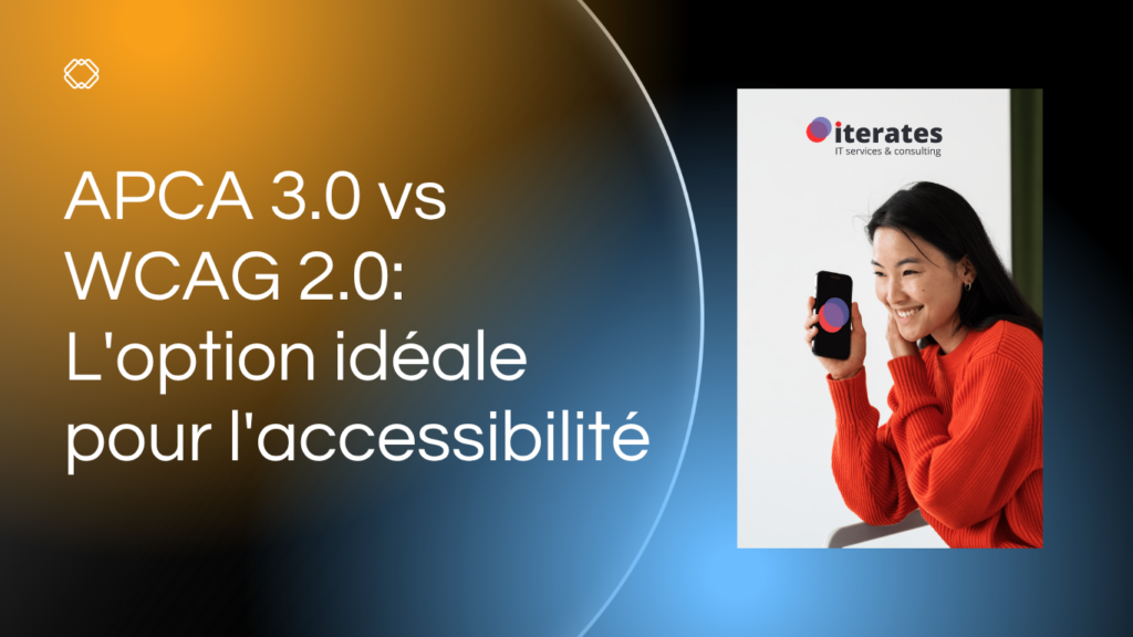 Une femme souriante tenant un smartphone, avec le logo Iterates visible, explorant les normes d'accessibilité web comme APCA 3.0 et WCAG 2.0.