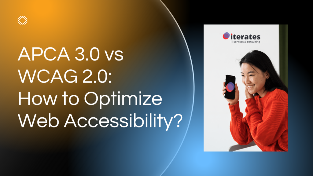 A smiling woman holding a smartphone, with the Iterates logo visible, exploring topics on web accessibility standards like APCA 3.0 and WCAG 2.0.