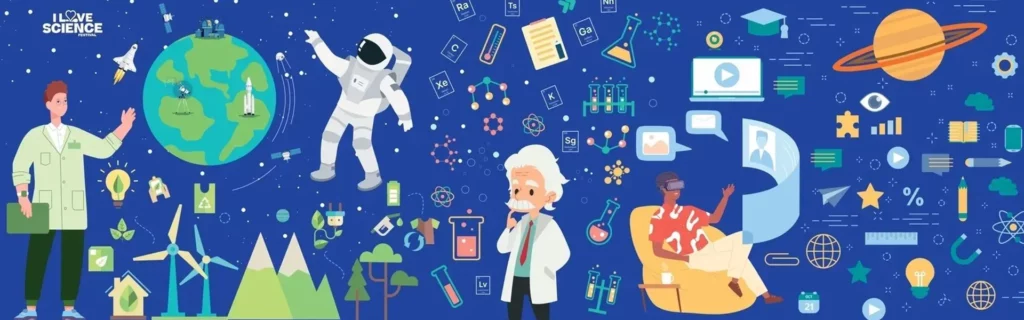 Illustration colorée représentant la science, l'innovation technologique et la recherche, avec des personnages et symboles scientifiques.