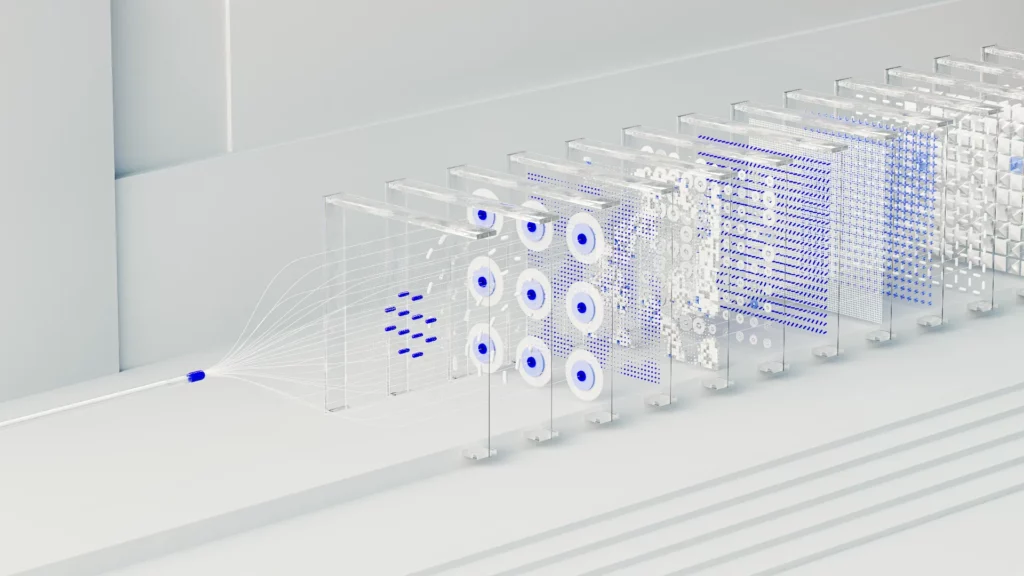 Visualisation d’un modèle d’intelligence artificielle - iterates Illustration abstraite d’un réseau de neurones ou d’un processus de traitement de données numériques.