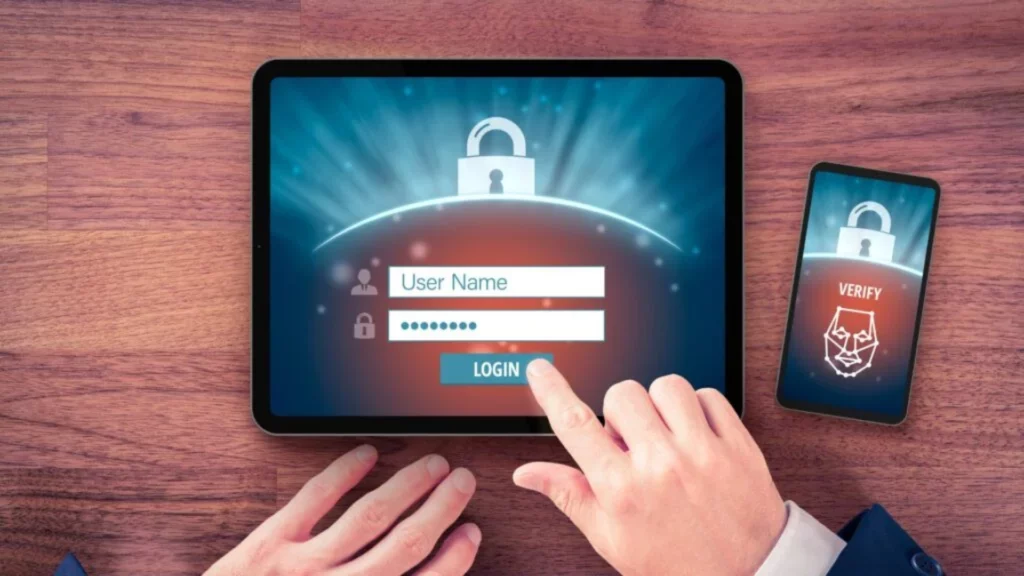 Écran de connexion avec authentification à deux facteurs - iterates Connexion sécurisée sur tablette avec authentification faciale via smartphone.