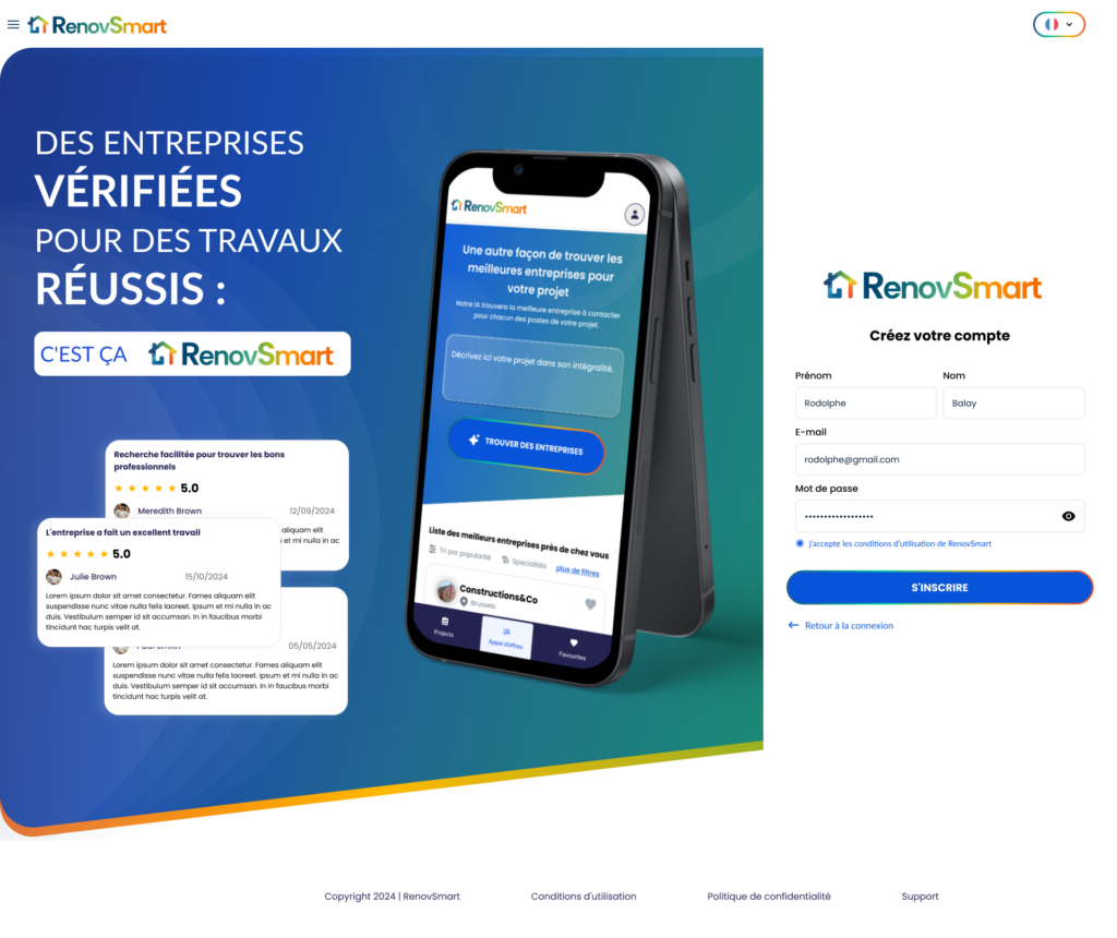 Interface d’inscription sur la plateforme RenovSmart pour trouver des entreprises du bâtiment vérifiées. - iterates Interface d’inscription sur la plateforme RenovSmart pour trouver des entreprises du bâtiment vérifiées.