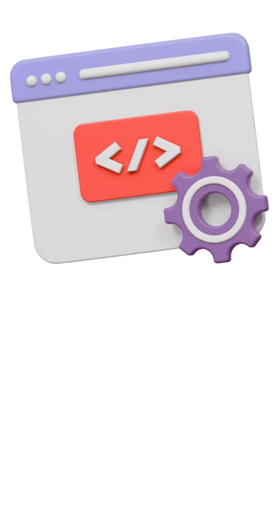 Illustration 3D d'une fenêtre de navigateur web avec un symbole de code rouge ("< >") et un engrenage violet, représentant les paramètres de développement web ou de codage.