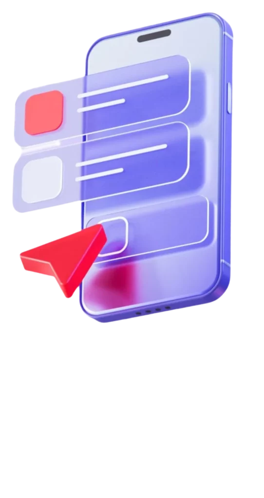 Illustration 3D d'un smartphone avec des bulles de conversation flottantes et une icône d'avion en papier rouge, représentant la messagerie ou l'envoi d'un message. Le téléphone et les bulles sont dans les tons violet et rouge.