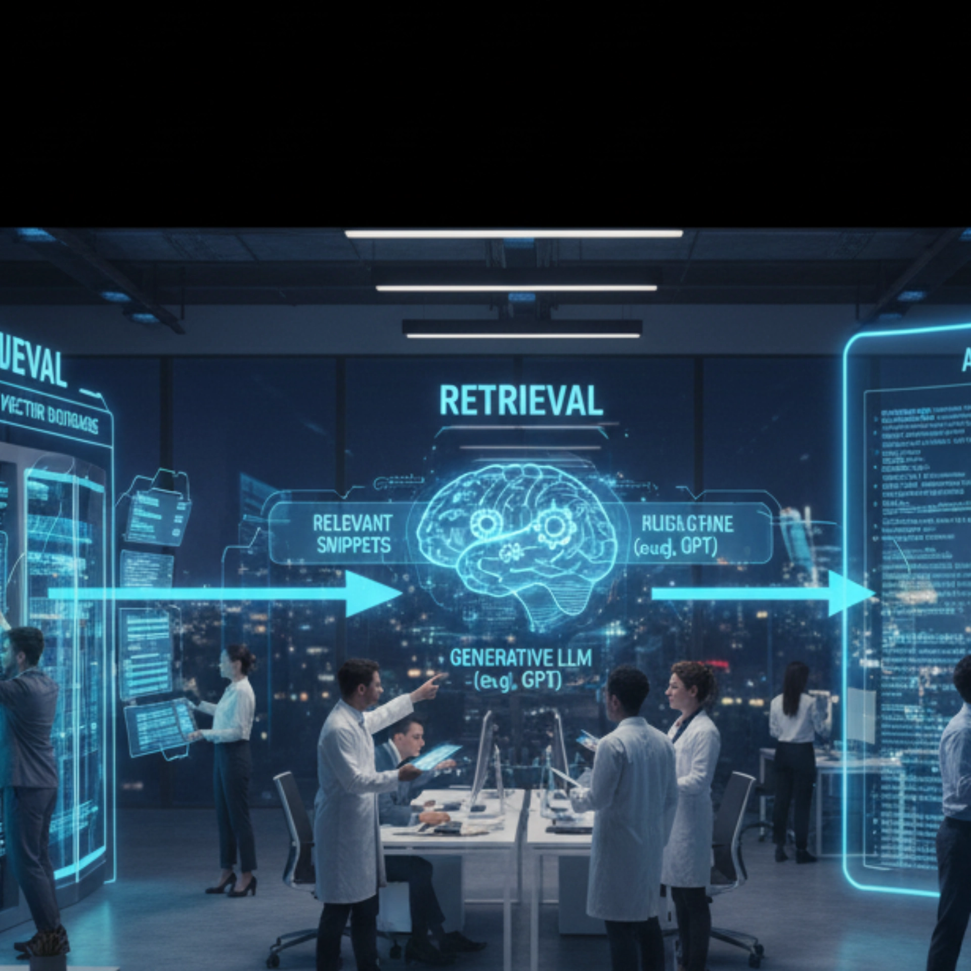 - iterates Visual diagram of how the RAG works, with researchers analysing digital data.