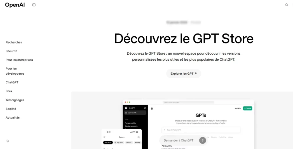 Capture d'écran de la page d'accueil du GPT Store d'OpenAI en français, présentant des versions personnalisées de ChatGPT avec un bouton « Explorer les GPT ».