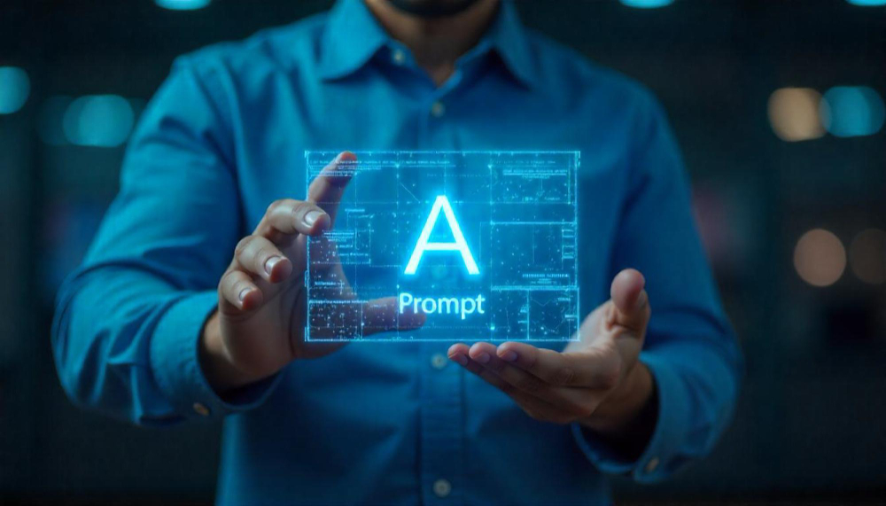 Person in a blue shirt holds a glowing holographic cube showing an 'A' and the word 'Prompt'.