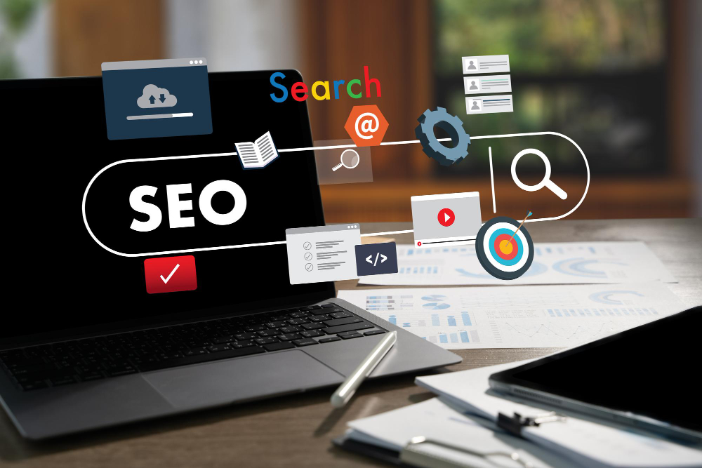 5299 2 - iterates SEO concept on a laptop with floating icons for search, target, and analytics. Visuals emphasize online optimization strategies.