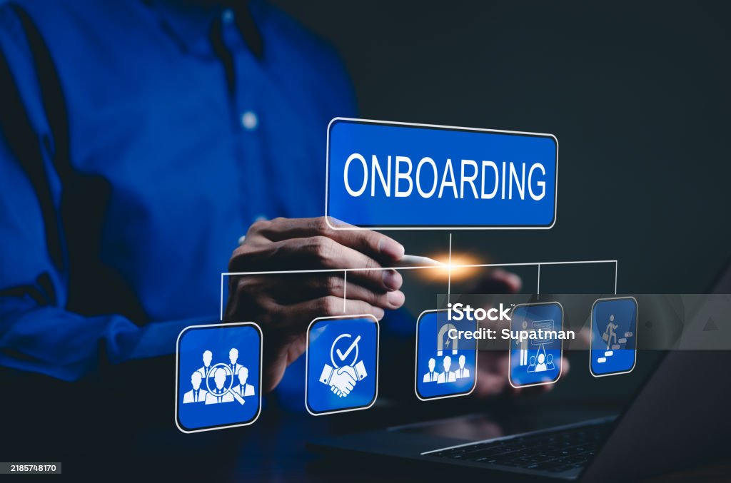 An onboarding concept featuring a glowing blue sign and related icons against a dark background, including imagery of teamwork and processes.