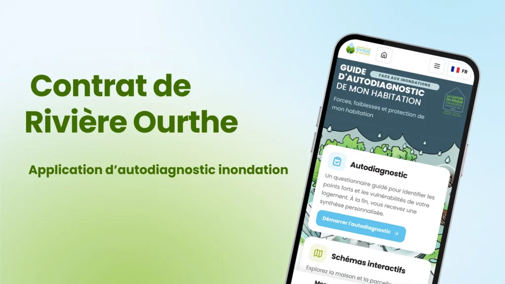 Advertising banner showing the title ‘Ourthe River Agreement’ and ‘Flood self-assessment app’, with a smartphone displaying the app’s interface.