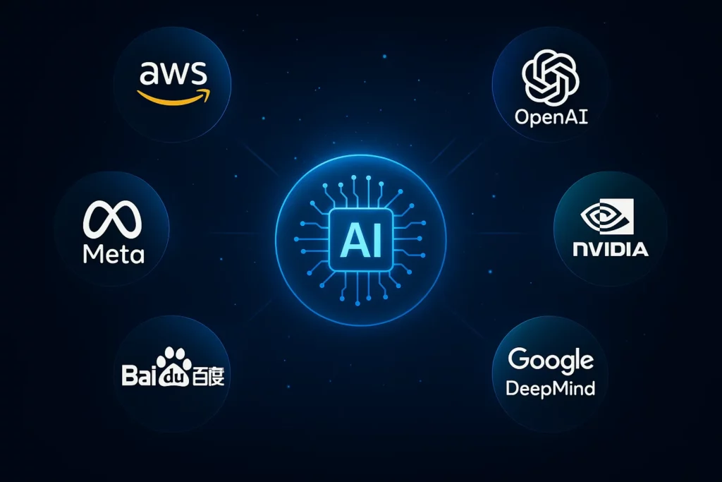 Central blue AI chip surrounded by logos of AWS, OpenAI, Meta, NVIDIA, Baidu, and Google DeepMind; representing AI ecosystem collaboration.